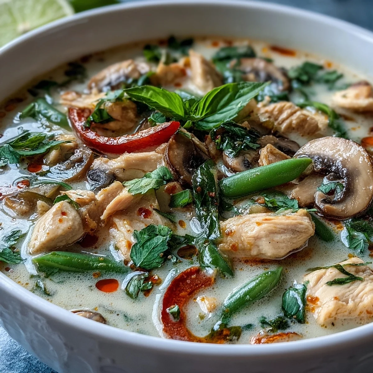 Thai Chicken Coconut Curry Soup served with lime wedges and fresh Thai basil, ready to eat.