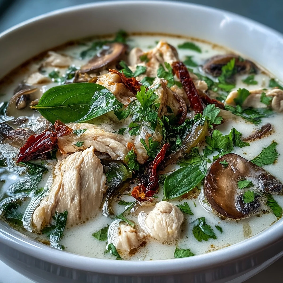 Creamy Authentic Tom Kha Gai Thai soup in a white bowl with chicken, mushrooms, and fresh cilantro garnish.