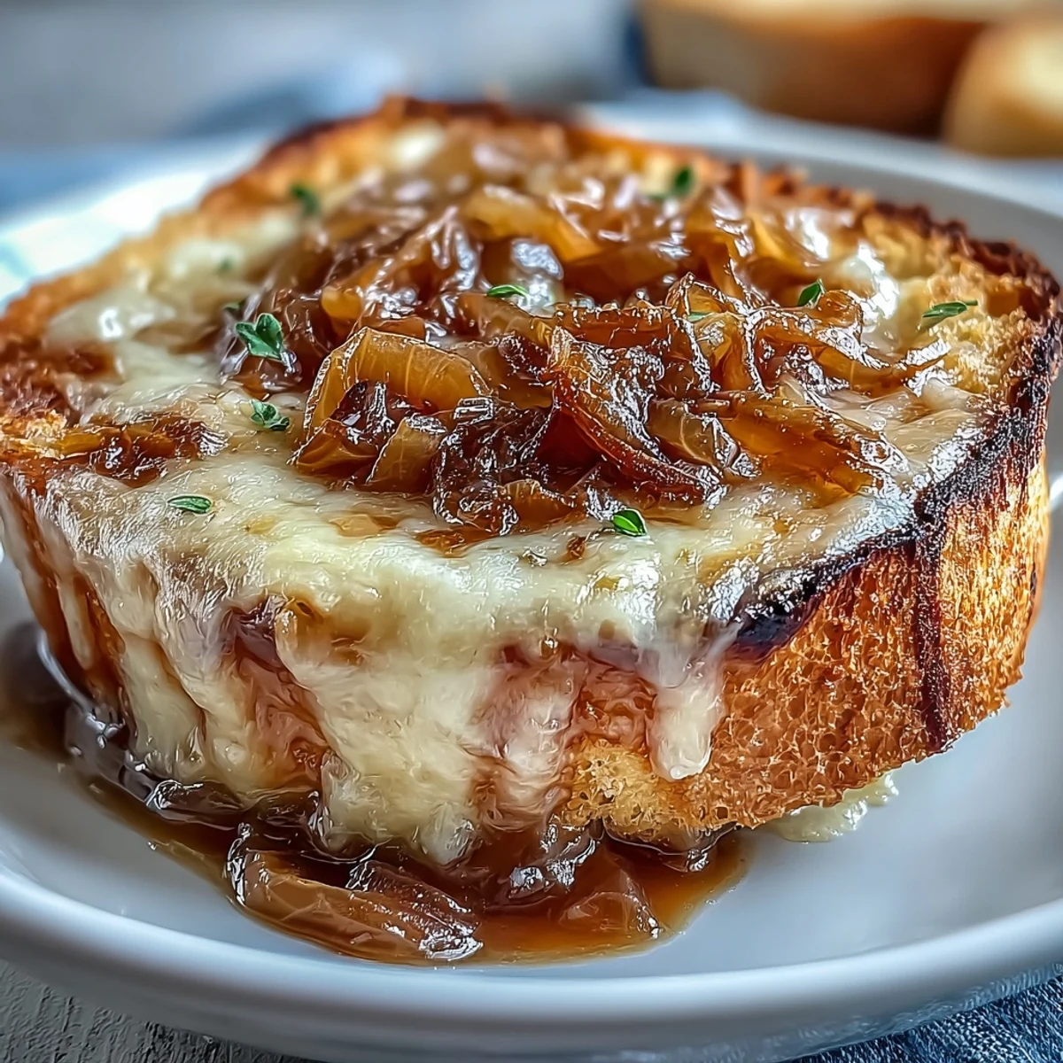 Steaming French Onion Soup in an oven-safe bowl, with deeply caramelized onions and crusty bread bubbling with melted Gruyère cheese.