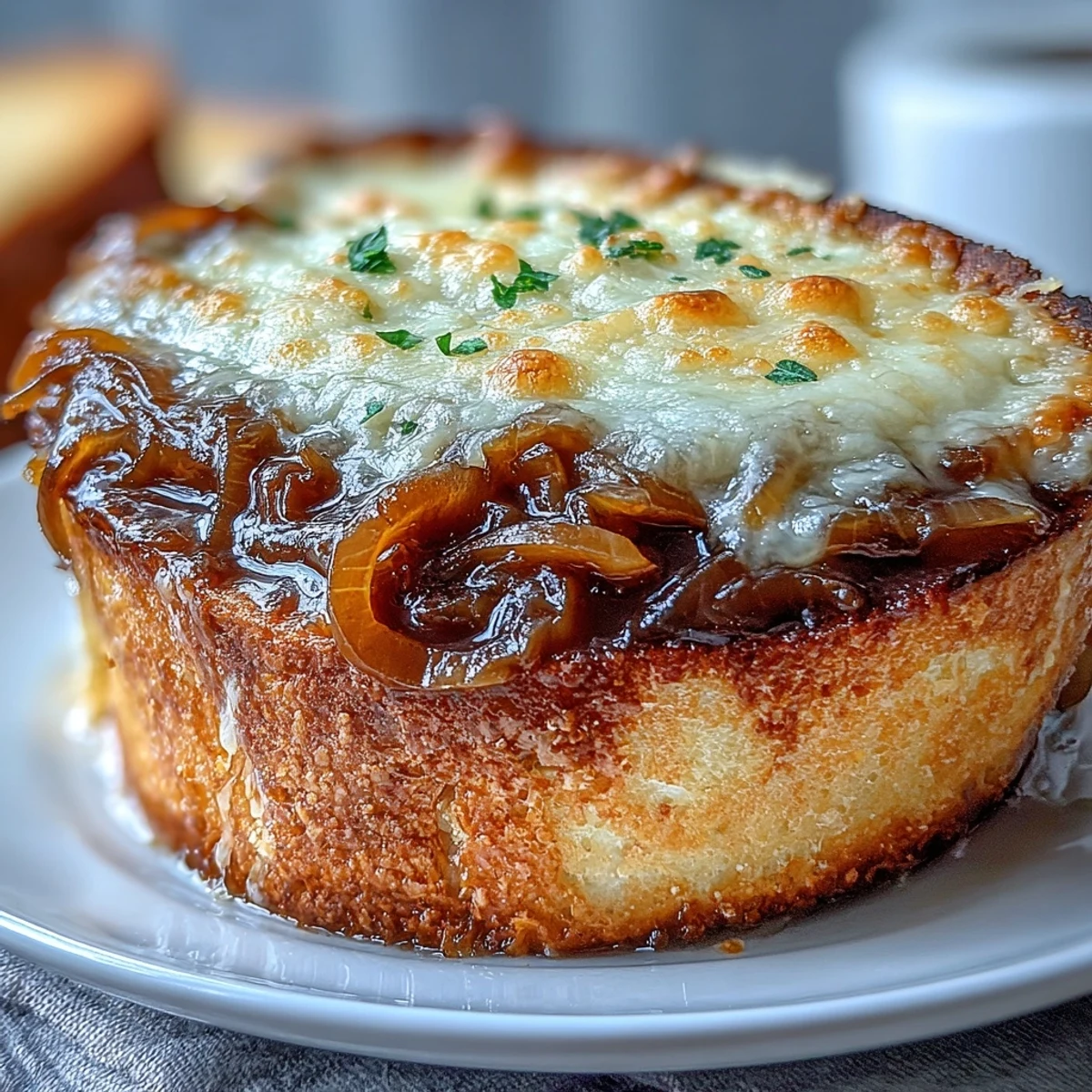 Hearty French Onion Soup served in a rustic ceramic bowl, topped with crusty bread and broiled Gruyère cheese under a golden crust.