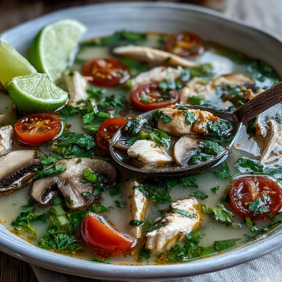 Best Ever Tom Kha Gai Soup served steaming hot in a white bowl with mushrooms and fresh herbs.