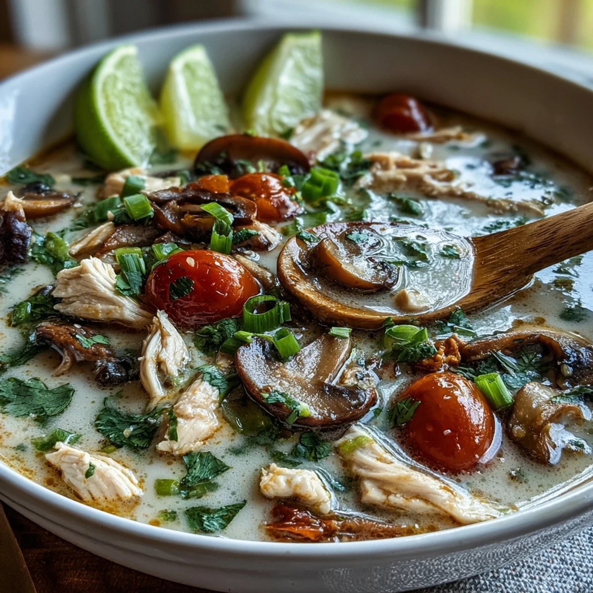 Aromatic Best Ever Tom Kha Gai Soup in a rustic bowl, ready to enjoy with a side of jasmine rice.