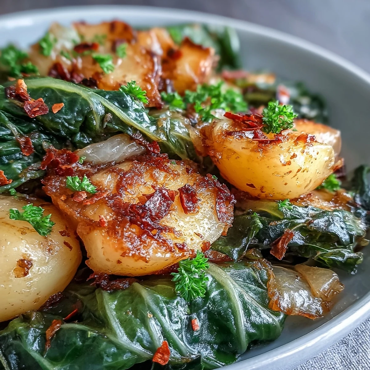 Steamed green cabbage and tender potatoes simmered with chili in a savory broth, perfect for a vegetarian main dish.  