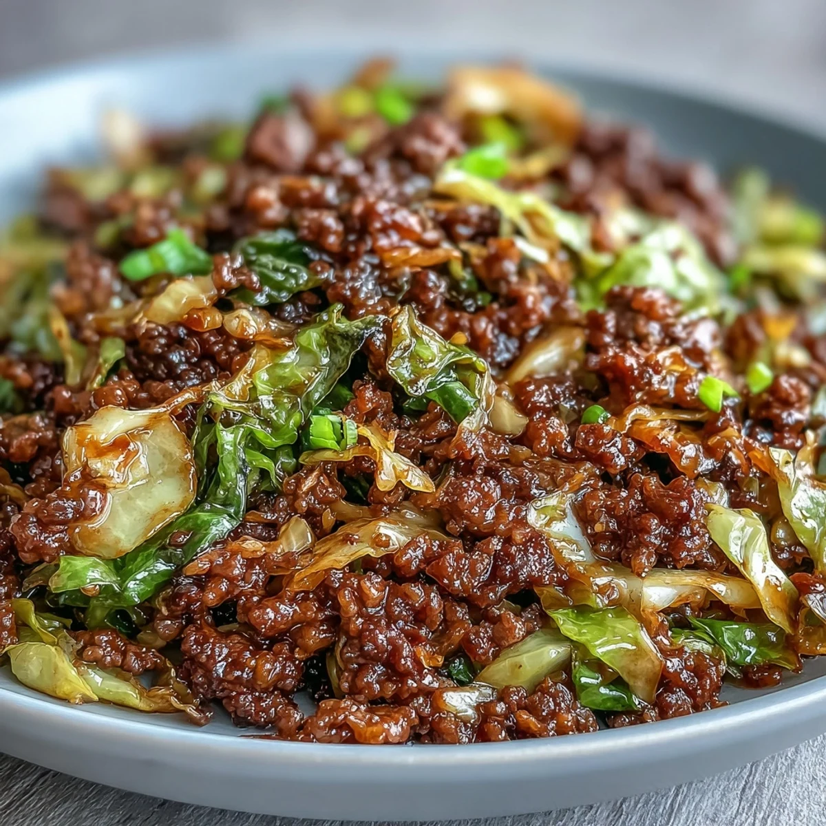 Hearty Chinese Ground Beef and Cabbage Stir-Fry served over fluffy white rice, garnished with green onions and sesame seeds for a colorful family dinner.  