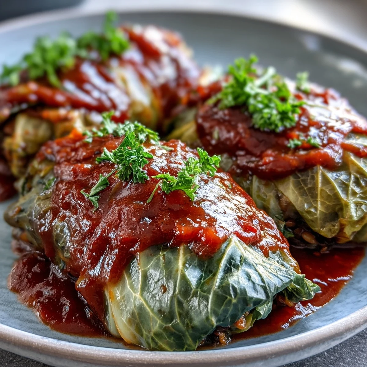 Hearty Baked Vegan Cabbage Rolls are served hot from the oven, garnished with fresh parsley alongside crusty artisan bread.