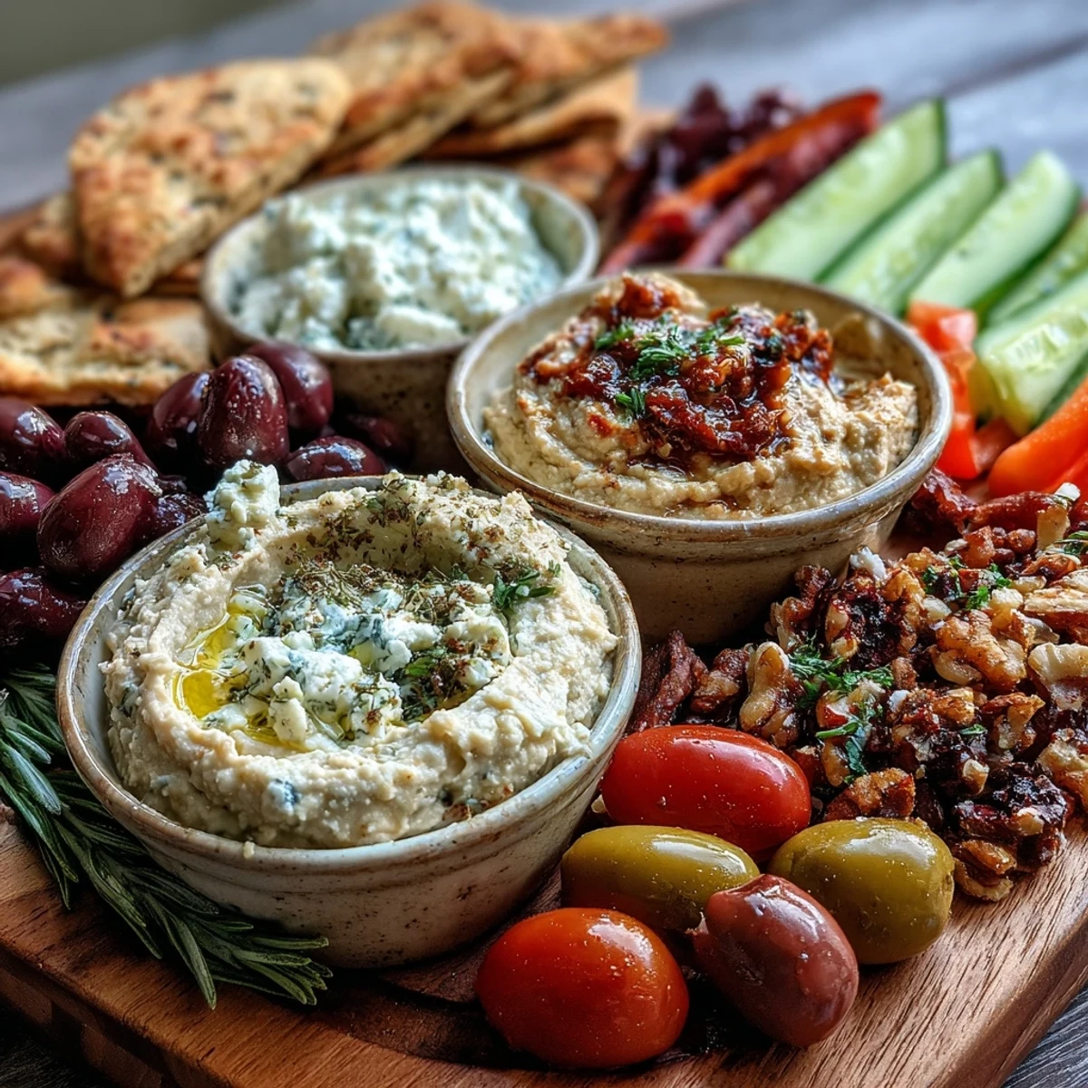 Colorful Mediterranean Brunch Board with Dips and Flatbreads featuring olives, feta, nuts, and warm pita wedges for dipping. 