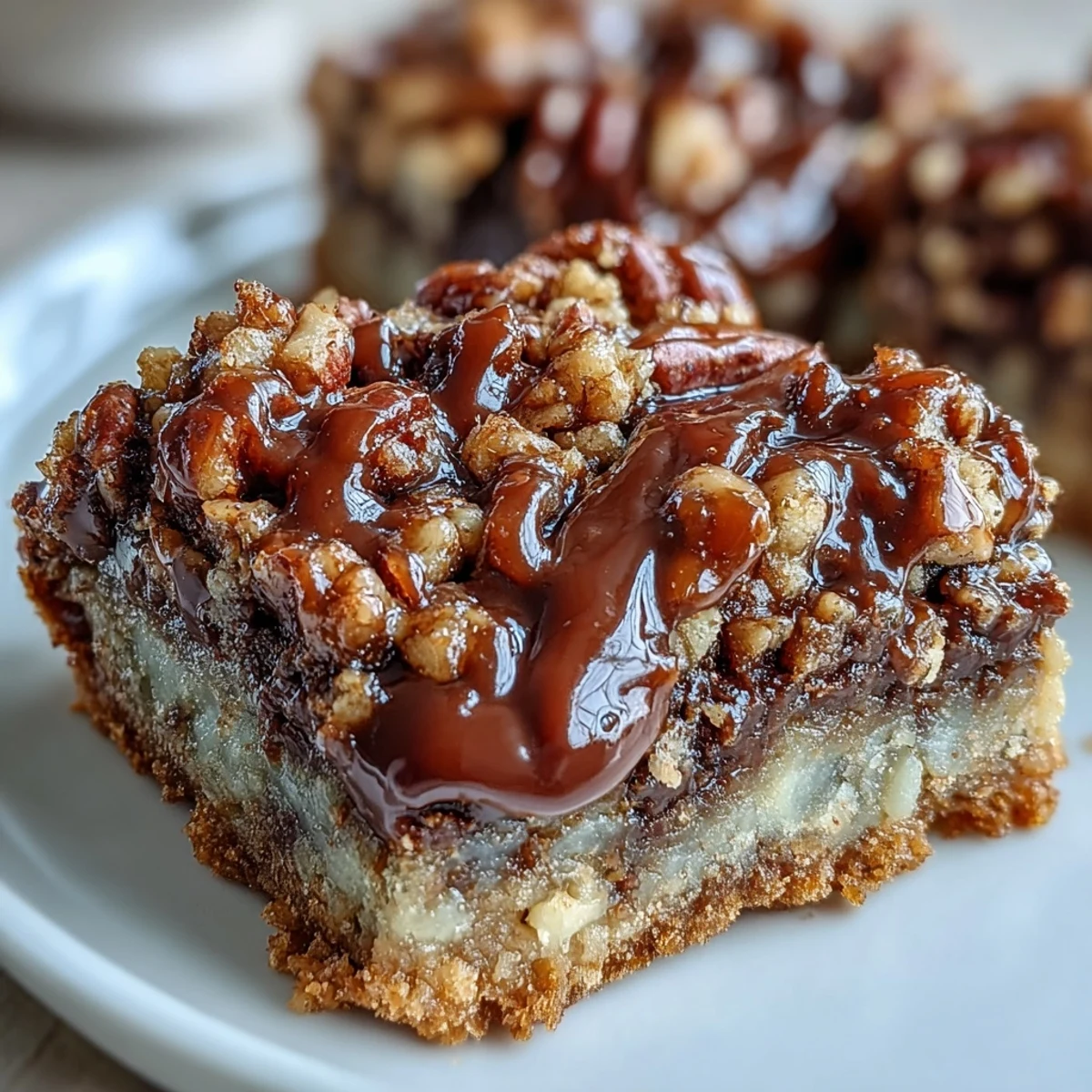 Golden brown Decadent Sweet and Chewy Turtle Bars rest on a wooden board with gooey caramel.
