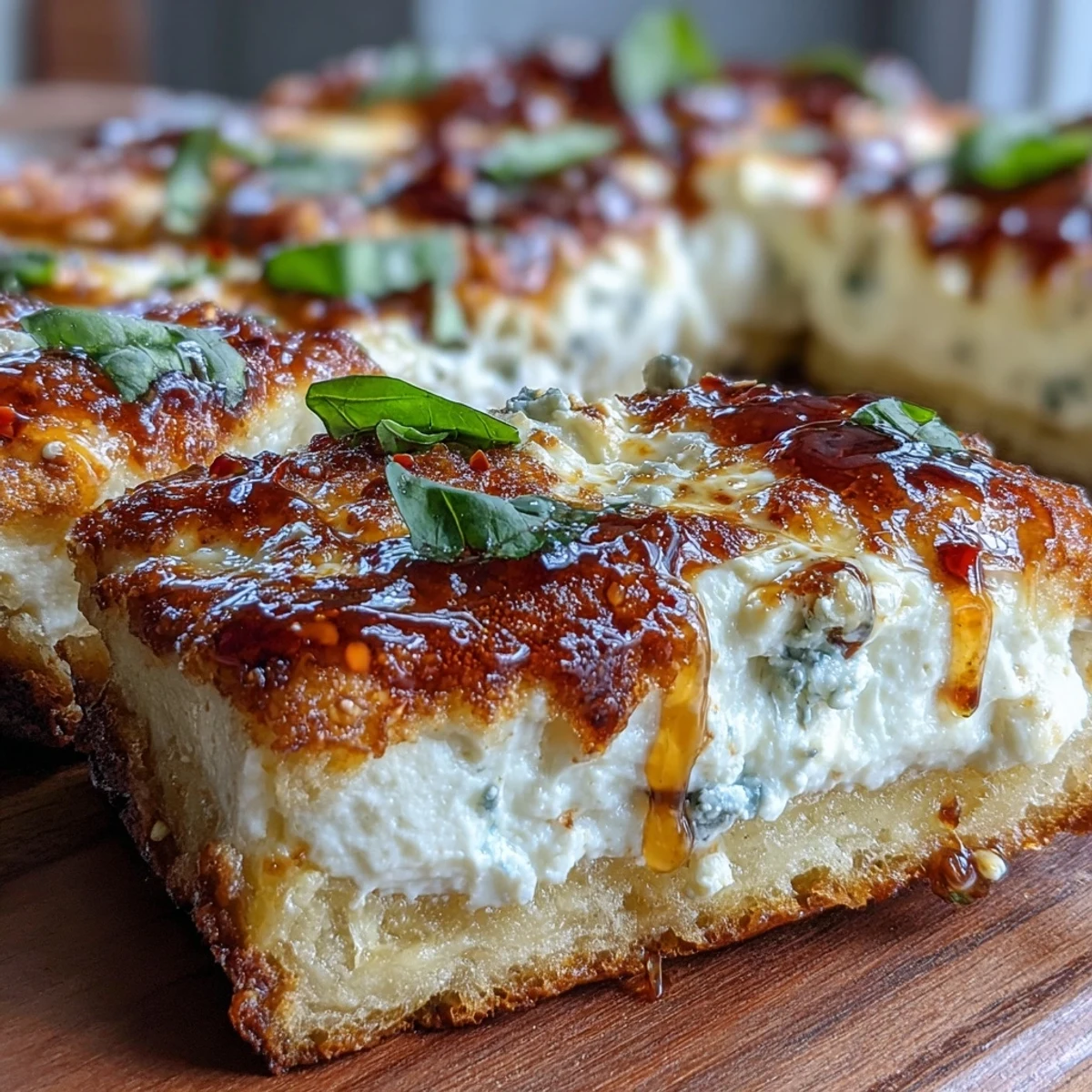 Golden-brown Hot Honey Ricotta Pizza with bubbling mozzarella and fresh basil on a rustic board.