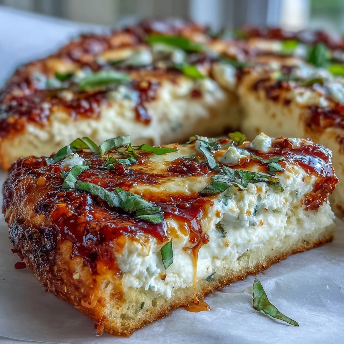 A close-up of Hot Honey Ricotta Pizza drizzled with spicy honey, served on a wooden board.