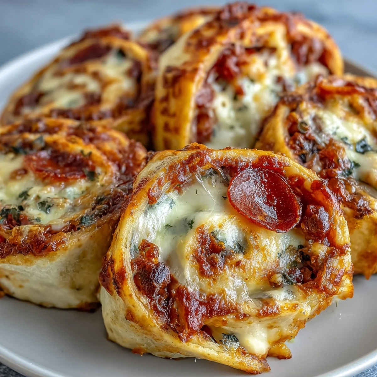 Freshly baked Tortilla Pizza Rolls sit golden and crisp on a platter, revealing a gooey mozzarella and pepperoni pull.