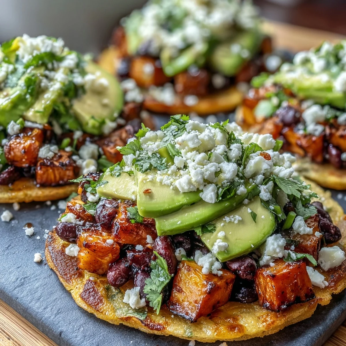 Close-up of a Black Bean and Sweet Potato Tostada showing seasoned sweet potatoes, limey black beans, and avocado.