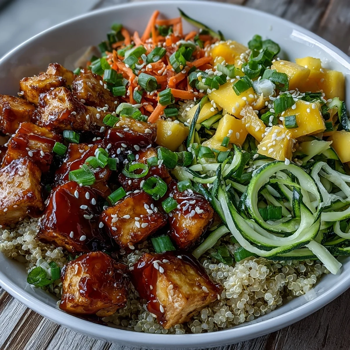 Golden brown crispy baked tofu sits atop fluffy quinoa with spiralized zucchini, carrots, and sweet mango in this Easy Teriyaki Quinoa Bowl.