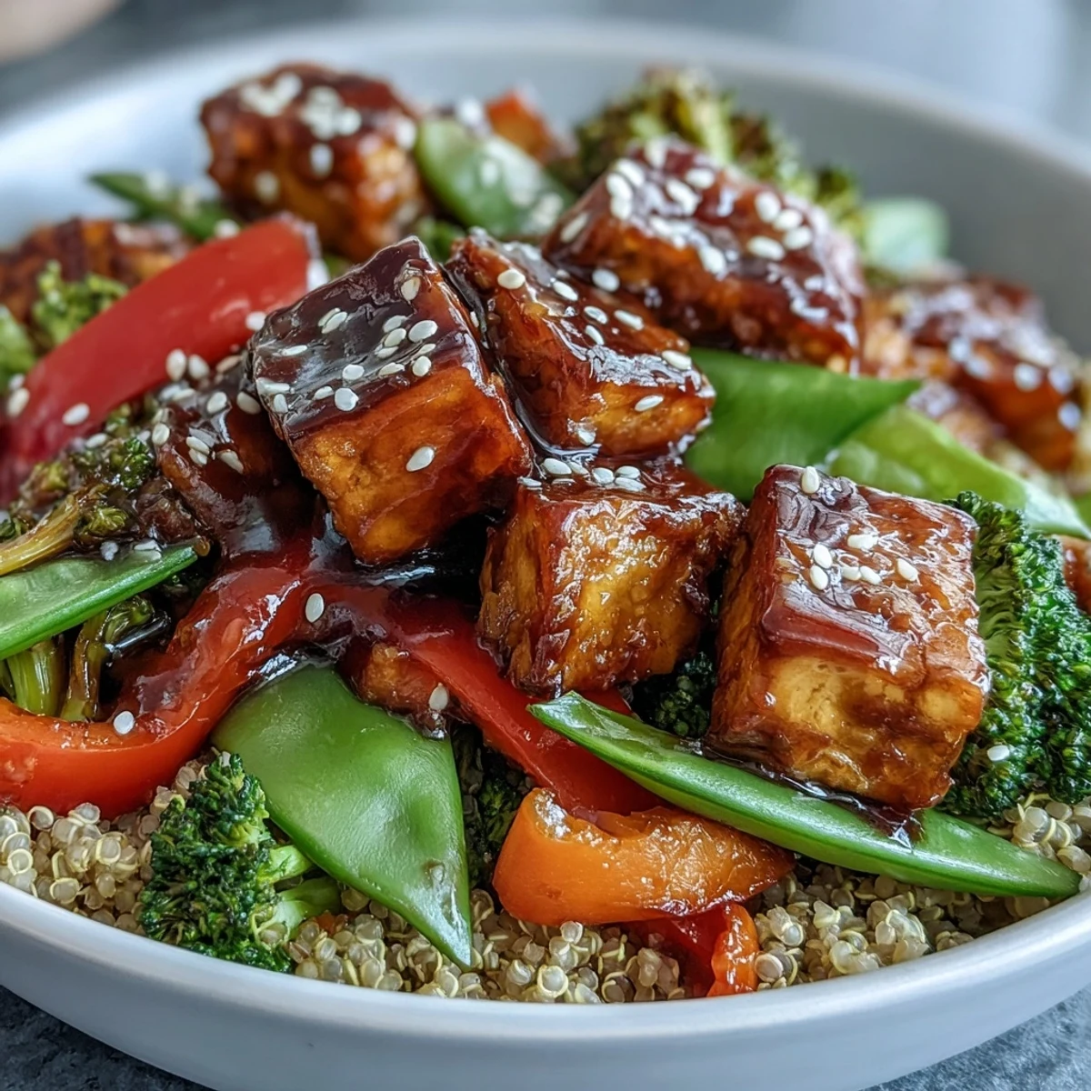 Quinoa vegetable teriyaki bowl with golden crispy tofu and steamed greens.