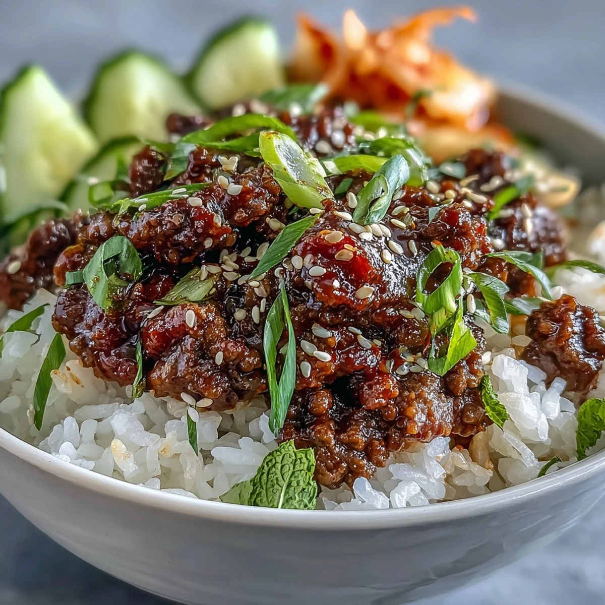 Freshly cooked Korean Beef Bowl with spicy gochujang glazed ground beef piled on fluffy white rice, topped with crisp cucumber and tangy kimchi.