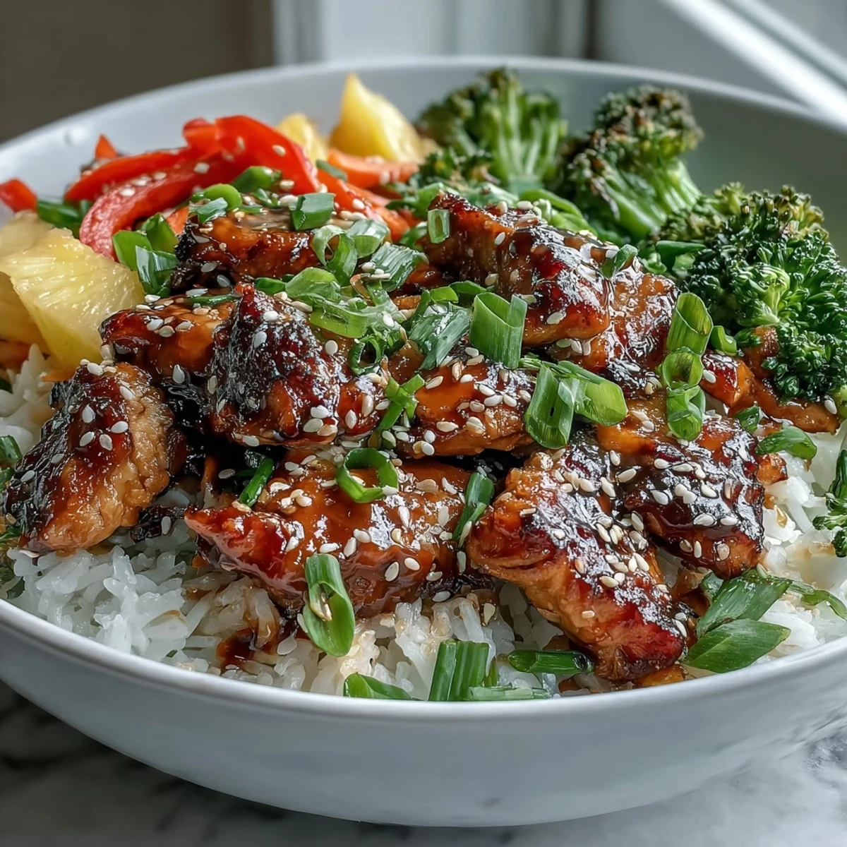Glistening teriyaki chicken and rice bowl served with colorful vegetables and fresh pineapple.