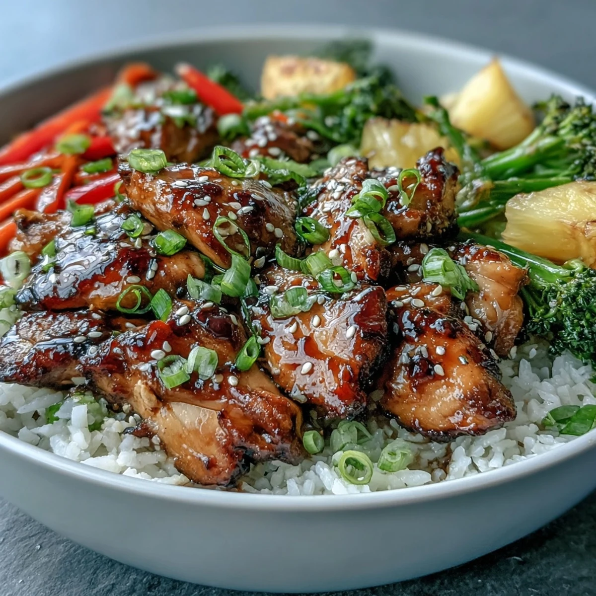 Homemade teriyaki chicken and rice bowl featuring glossy sauce and toasted sesame seeds.