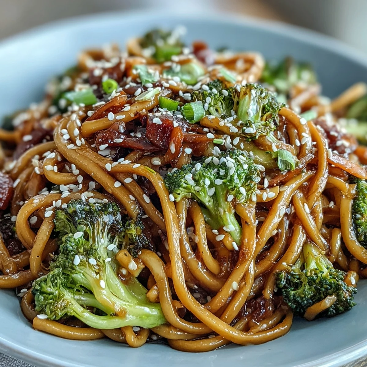 Steamed veggies and savory Asian noodles served in a bowl, finished with toasted sesame seeds for crunch.