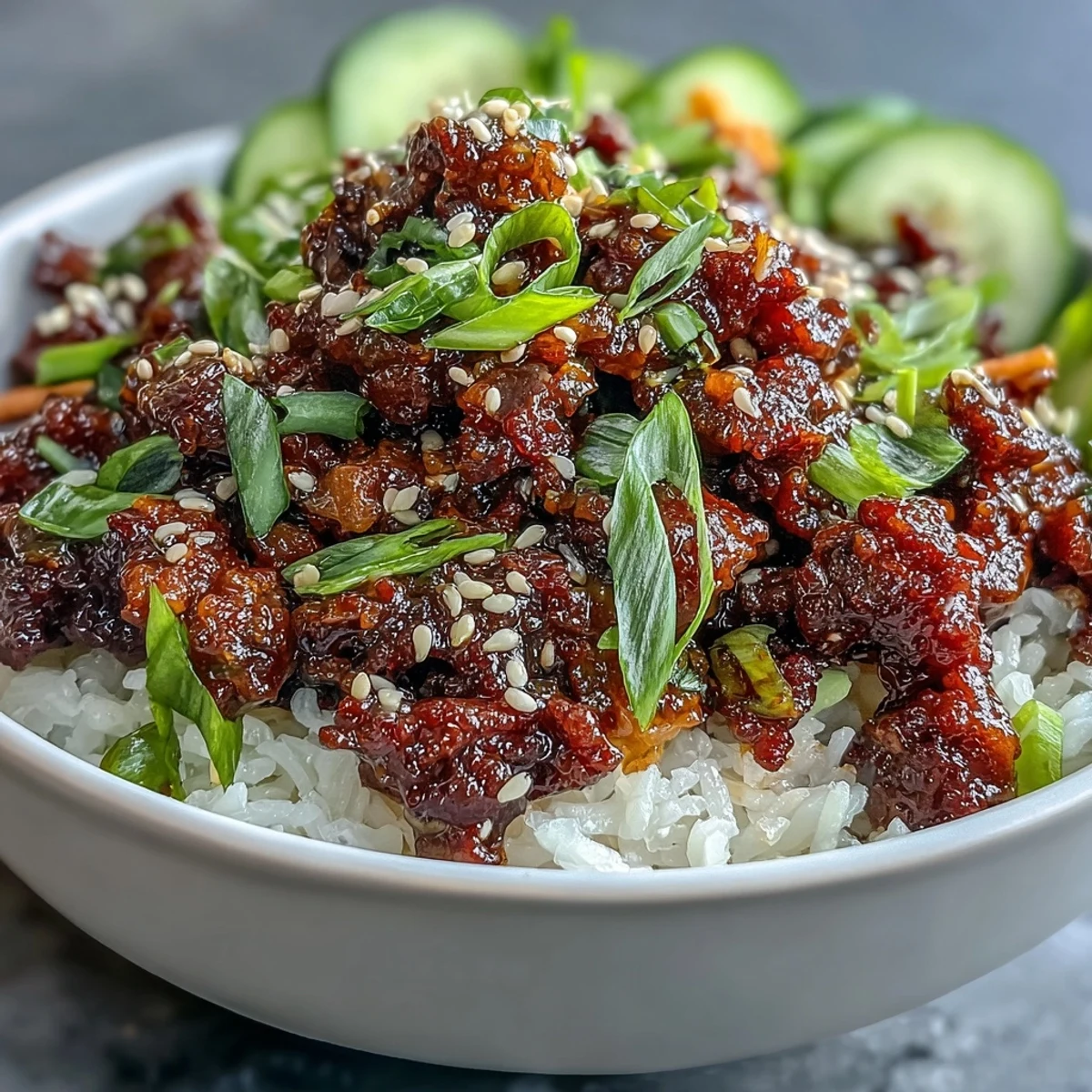 Freshly cooked Korean Ground Beef Bowl with gochujang glaze, sesame seeds, and vibrant veggies over steamed rice.