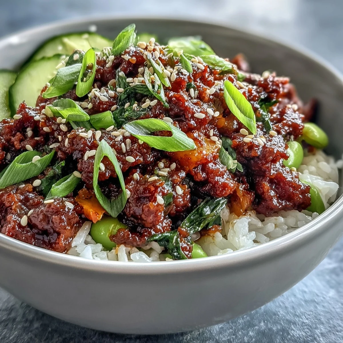 Colorful Korean Ground Beef Bowl garnished with green onions and sesame, ready to serve for a quick dinner.