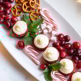 A vibrant candy cane striped platter offers a delicious array of red and white sweets for Christmas.