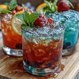 Vibrant DIY lemonade bar featuring fresh lemon slices, mint sprigs, and colorful fruit syrups in glass bottles.  