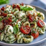 Vibrant Caprese Pasta Salad with pesto, tomatoes, and pearls.