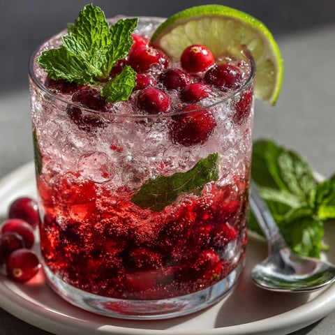 Refreshing Sparkling Cranberry Mojito Mocktail: ruby red hues, frosty glass, mint garnish.