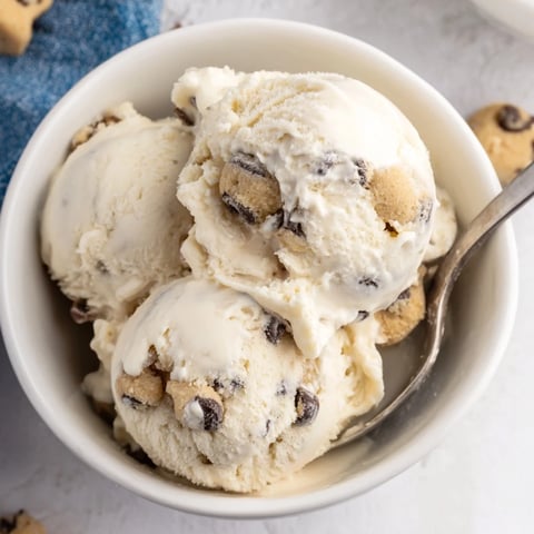 Creamy cottage cheese ice cream topped with delicious edible cookie dough bites.  