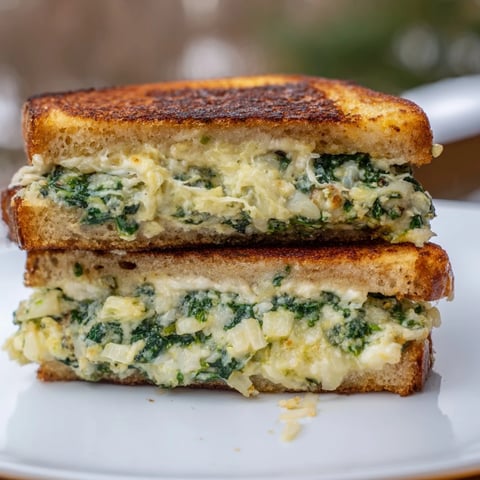 Air Fryer Spinach & Artichoke Dip Grilled Cheese: a golden, melty sandwich oozing creamy, cheesy goodness.