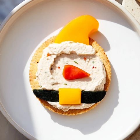 Festive Santa's Belt Crackers, buttery and topped with cheese, olives, and yellow pepper belt buckles.