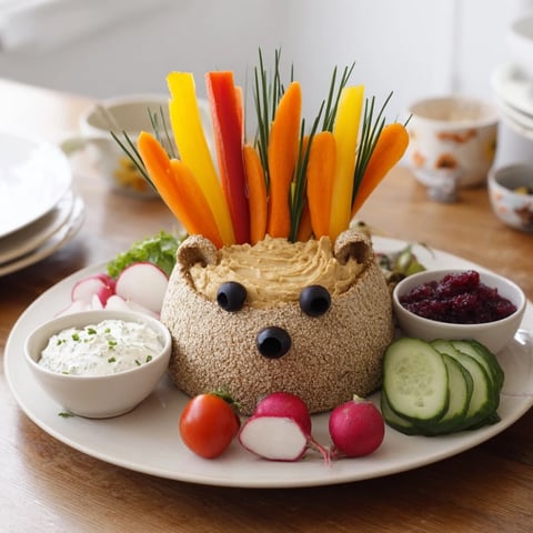 Vibrantly arranged Autumn Hedgehog Dip Platter featuring vegetable "spines" and various flavorful dips to enjoy.