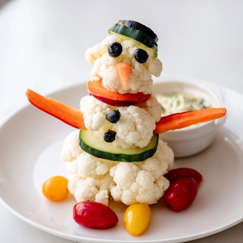 Snowman crudités with dip: a colorful, festive appetizer of fresh veggies arranged like a snowman.