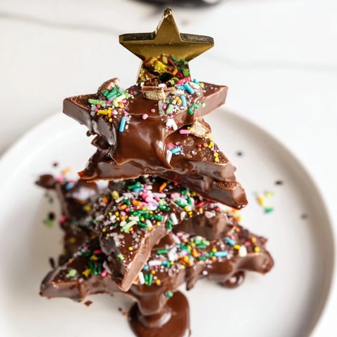 A close-up of delicious Chocolate Kinder Christmas Trees drizzled with melted chocolate and festive sprinkles.