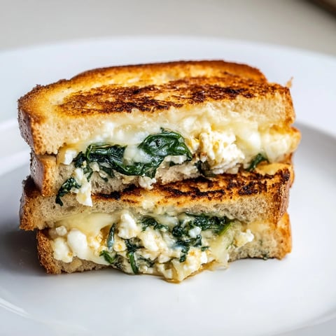 Golden-brown grilled cheese sandwich filled with garlicky spinach and tangy feta, served warm on a rustic plate.