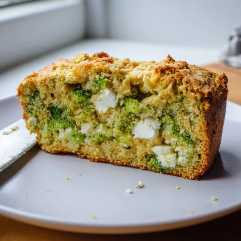 Golden-brown broccoli and feta loaf sliced on a wooden board, showing moist crumb with green florets and creamy cheese.  