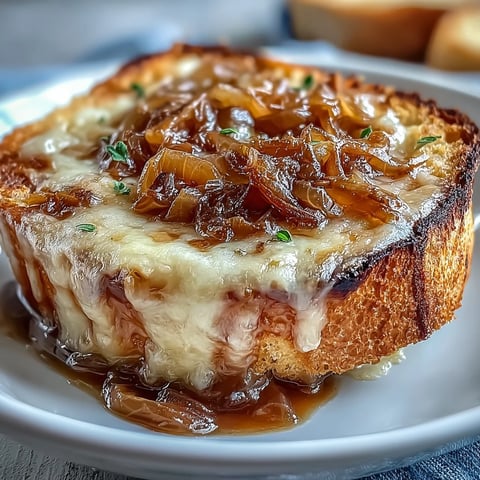 Steaming French Onion Soup in an oven-safe bowl, with deeply caramelized onions and crusty bread bubbling with melted Gruyère cheese.