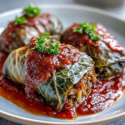 Golden-brown Baked Vegan Cabbage Rolls sit bubbling in a ceramic dish, generously coated in rich, chunky tomato sauce and fresh parsley.