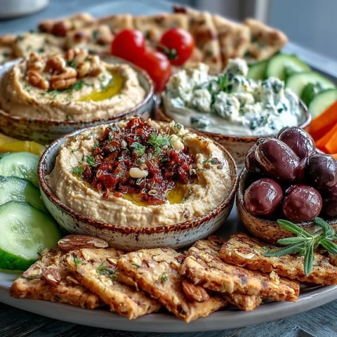 Mediterranean Brunch Board with Dips and Flatbreads is beautifully arranged with creamy hummus, smoky baba ganoush, and fresh vegetables. 