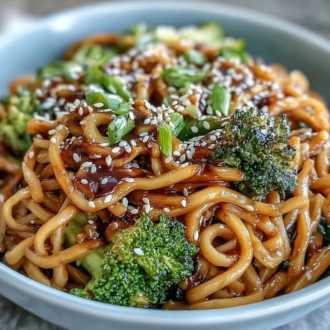 Glossy egg noodles tossed in glossy teriyaki sauce, mixed with crisp broccoli and carrots, topped with sesame seeds.  