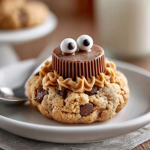 Close-up of delightful Peanut Butter Spider Cookies showcasing melted chocolate legs &amp; candy eyes