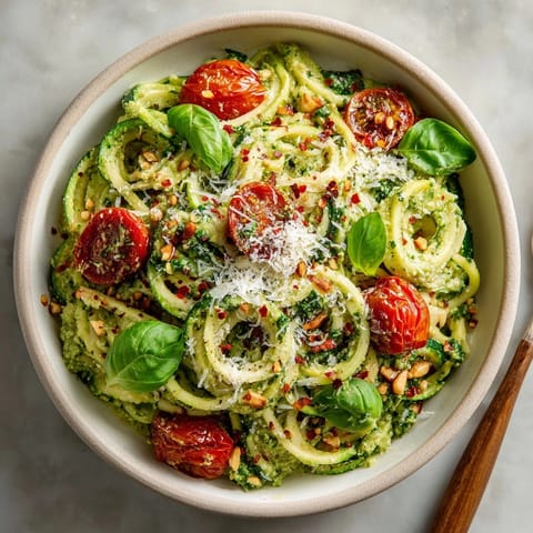 A tempting close-up of Avocado Pesto Zoodles, showcasing fresh basil and grated parmesan.