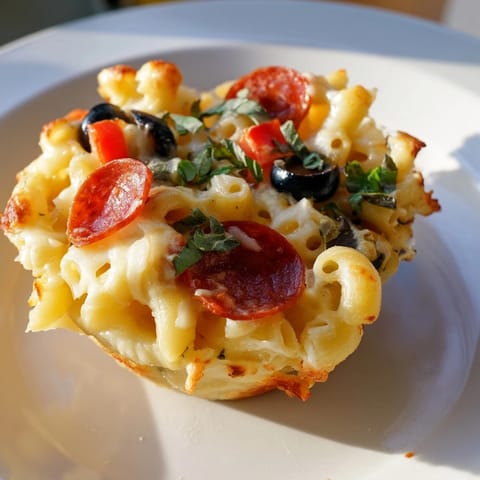 Close-up shows steaming Mac and Cheese Alfredo Pizza Muffins, a delightful savory comfort food.