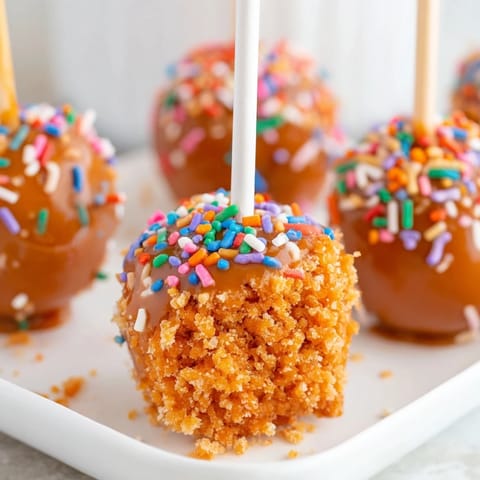 Deliciously sweet Caramel Apple Cheddar Birthday Cake Pops with a rich creamy coating.  