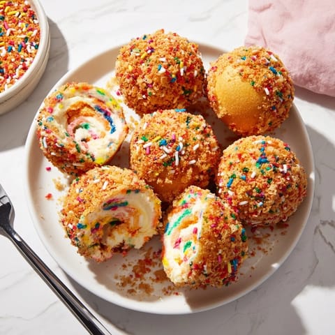 Deliciously fluffy Flamin Hot Monster Cake Pancake Balls bursting with sweet funfetti.  
