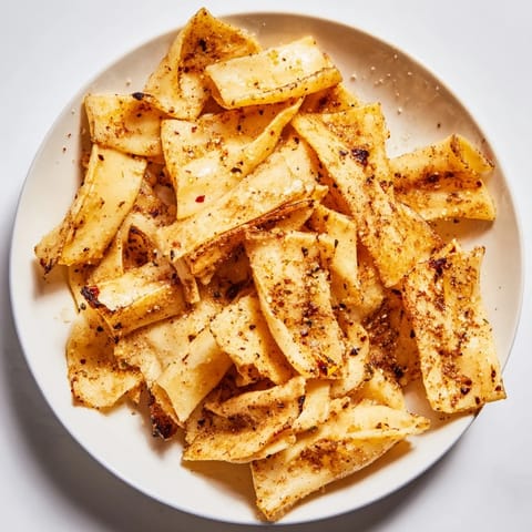 Flavorful baked pasta chips, golden and crunchy, ideal for snacking or sharing.  