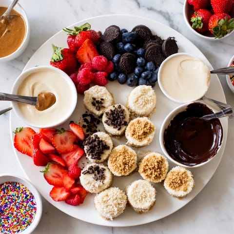 Interactive dessert spread featuring creamy cheesecake bites and colorful toppings for customization.  