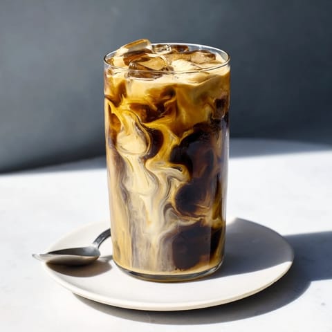 Refreshing iced coffee blended with tahini, topped with frothy plant-based milk.  
