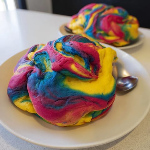 Vibrant rainbow-colored cloud bread adds fun to any dessert table or snack.  