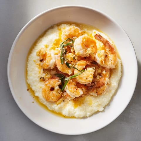 Golden-brown shrimp swimming in garlic butter, served over irresistibly cheesy grits, a delightful meal.