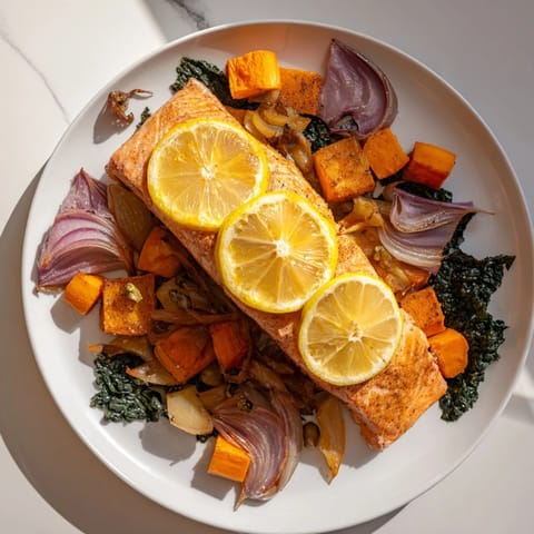 Golden-brown sheet-pan salmon with vibrant root vegetables, ready for a delicious meal.